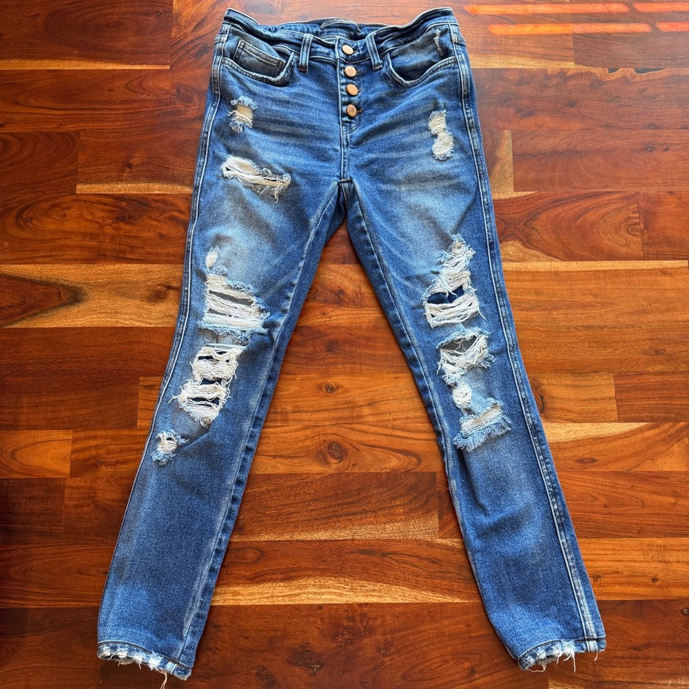 Flying Monkey Distressed Mid Rise Skinny Blue Jeans